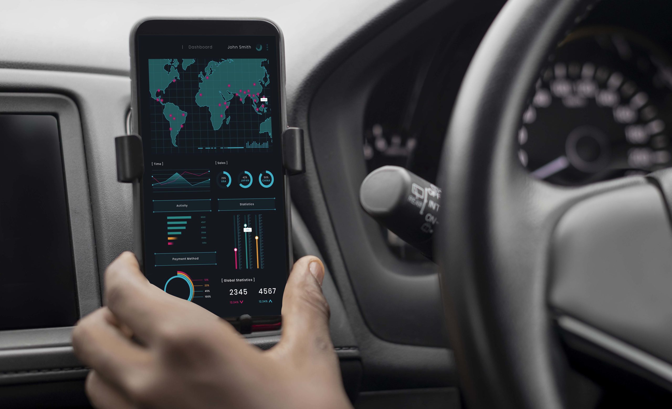 Driver checking stock market on his phone while in the car